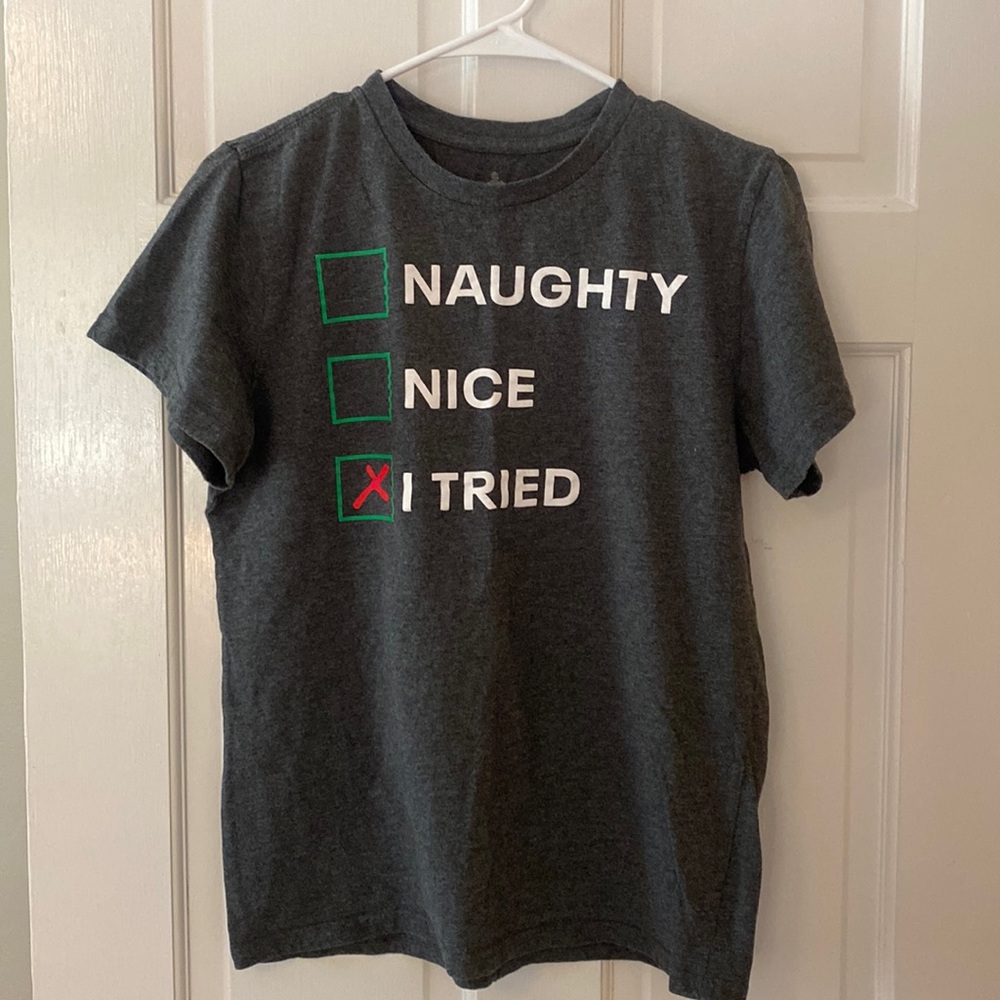 Men’s Naughty Nice I Tried Christmas tshirt.